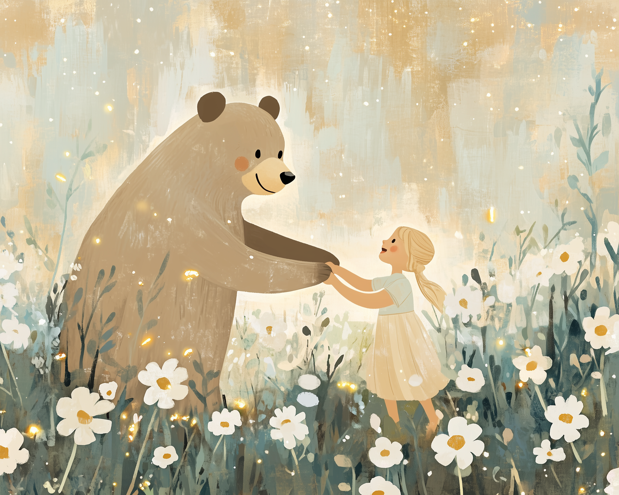 Enchanting illustration of a smiling brown bear holding hands with a young blonde girl in a pale dress as they dance together in a field of white daisies. Warm golden light and soft sparkles create a magical, dreamlike atmosphere.