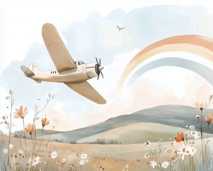 A vintage-style airplane glides above a soft, dreamlike meadow with flowers and hills, as a pastel rainbow arches across the sky behind it.