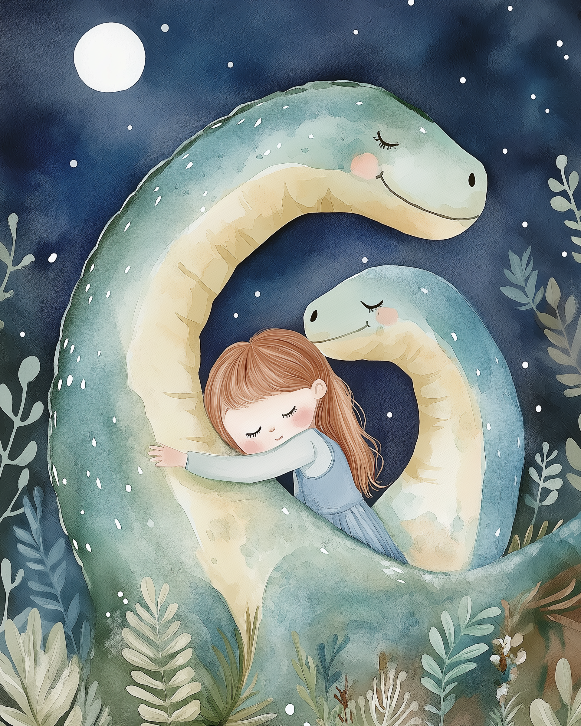 Whimsical nighttime illustration of a young girl with closed eyes hugging a large, smiling dinosaur while another dinosaur wraps around them protectively under a starry sky and full moon.

