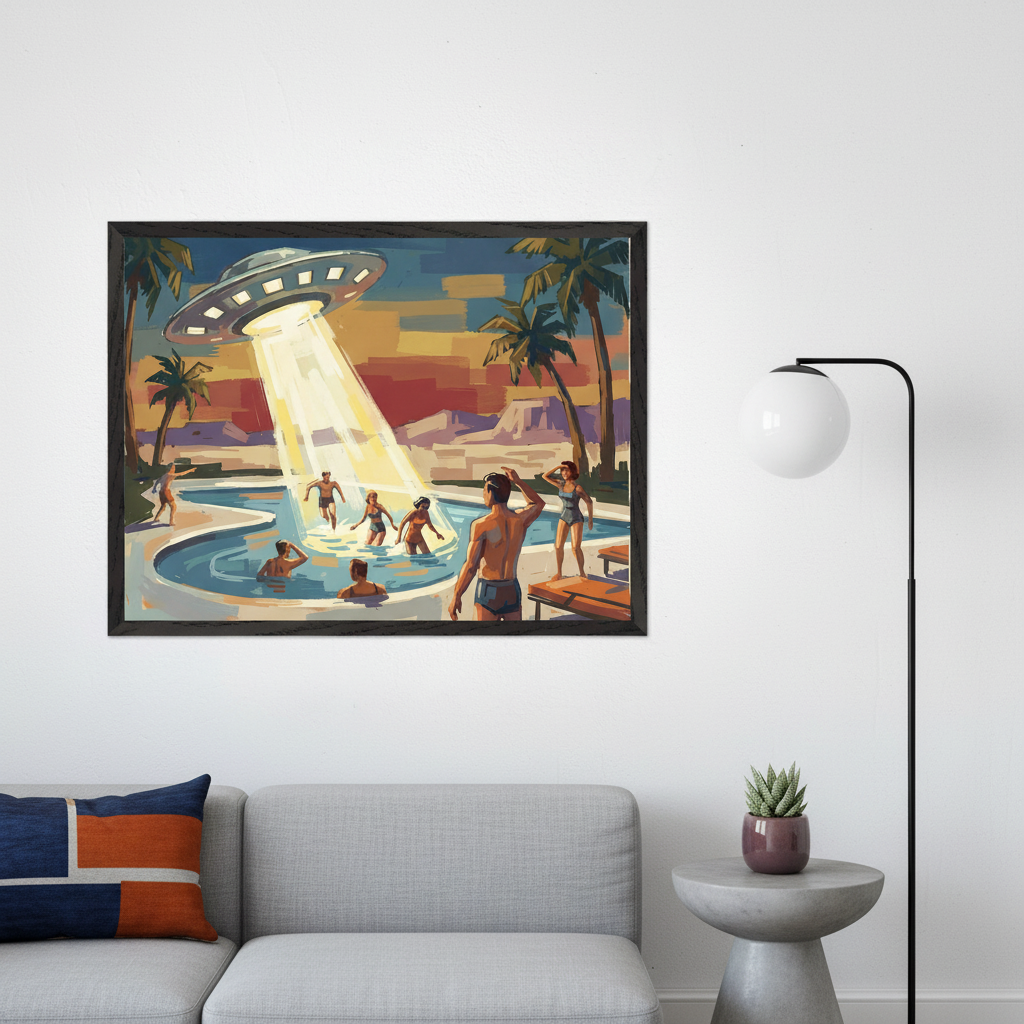 Modern living room with a grey sofa and a side table. A large framed print hangs centered above the sofa, depicting a UFO beaming up people from a swimming pool at sunset, in a retro illustration style.