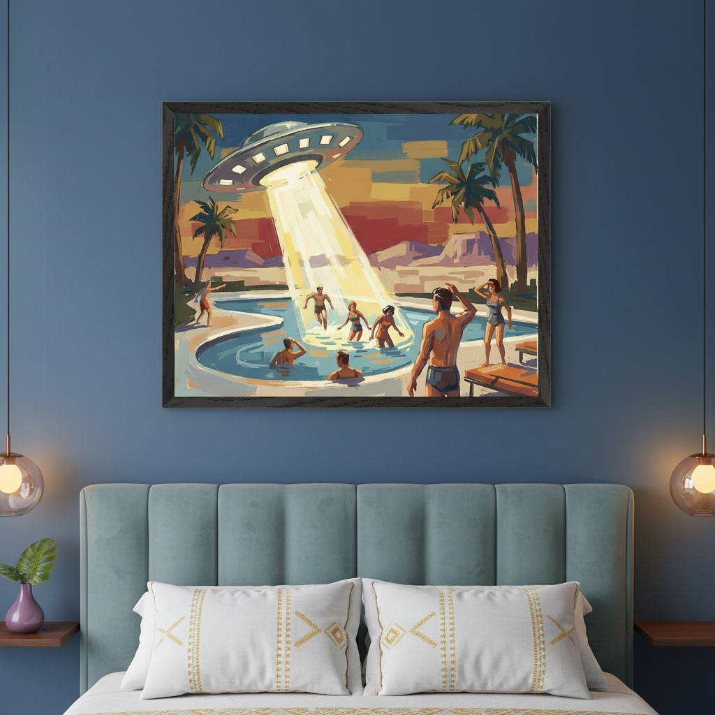 Modern bedroom with a bed featuring a teal upholstered headboard and white pillows. A large framed painting hangs above the bed on a blue wall. The artwork depicts a retro-style scene of a UFO abducting people from a swimming pool during sunset, with palm trees and mountains in the background.