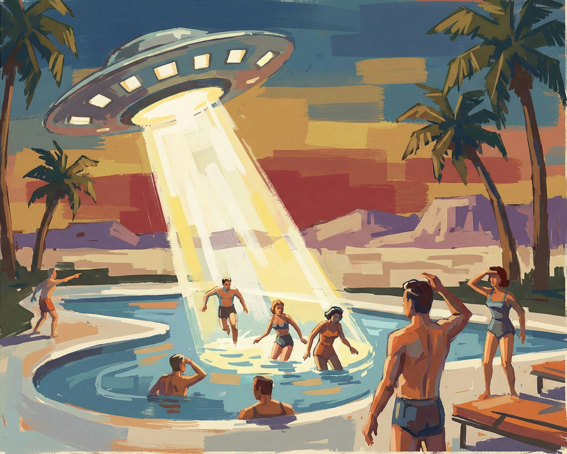 A retro-style illustration of a UFO beaming light down on swimmers and sunbathers at a poolside gathering during sunset. Palm trees frame the scene while surprised partygoers look up at the spaceship in a desert setting.
