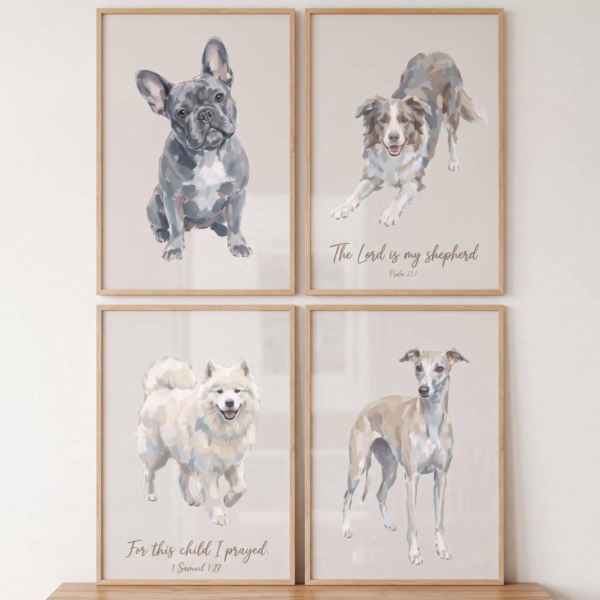 Understated Neutral Tones Dogs Wall Art Set of 4 - Scripture Canine Prints