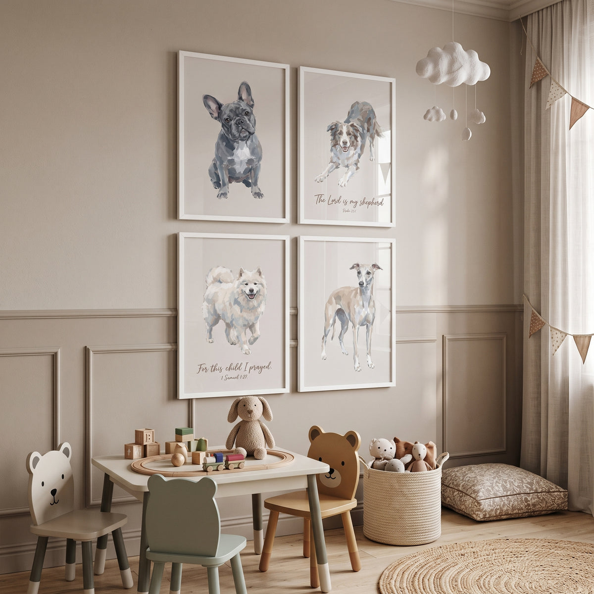 Understated Neutral Tones Dogs Wall Art Set of 4 - Scripture Canine Prints