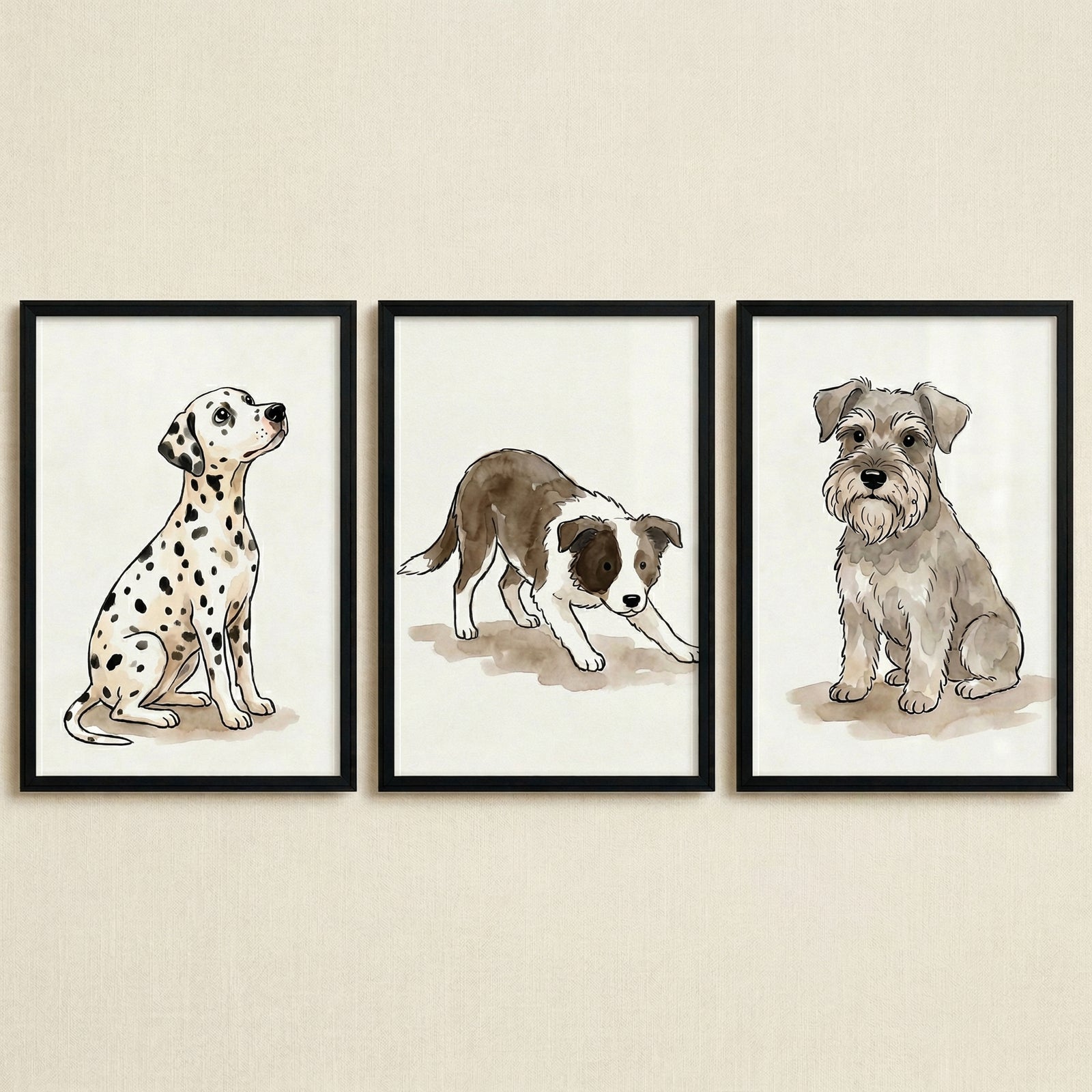 Three black-framed illustrations are displayed side-by-side on a light-colored, textured wall. Each frame contains a watercolor-style drawing of a dog.
