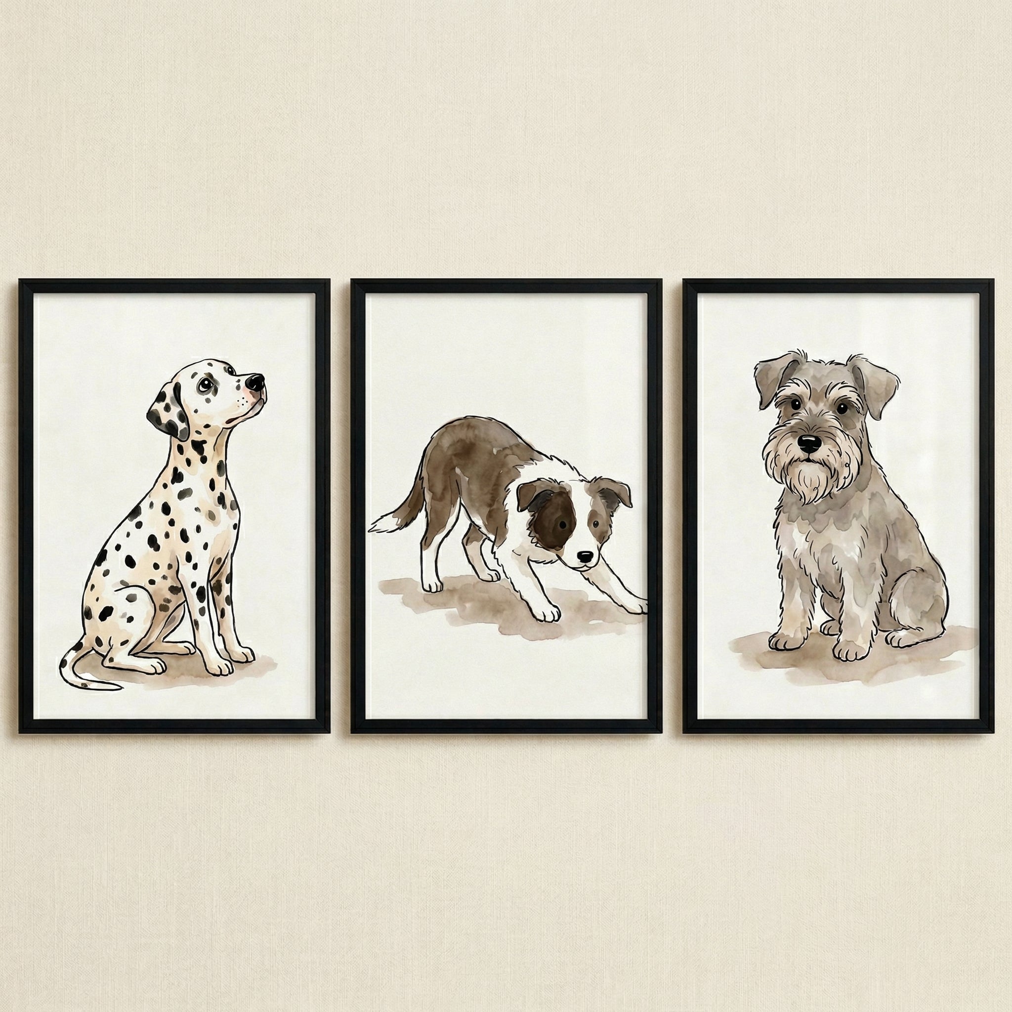 Understated Watercolor Dog Wall Art Set of 3 - Playful Puppy Trio