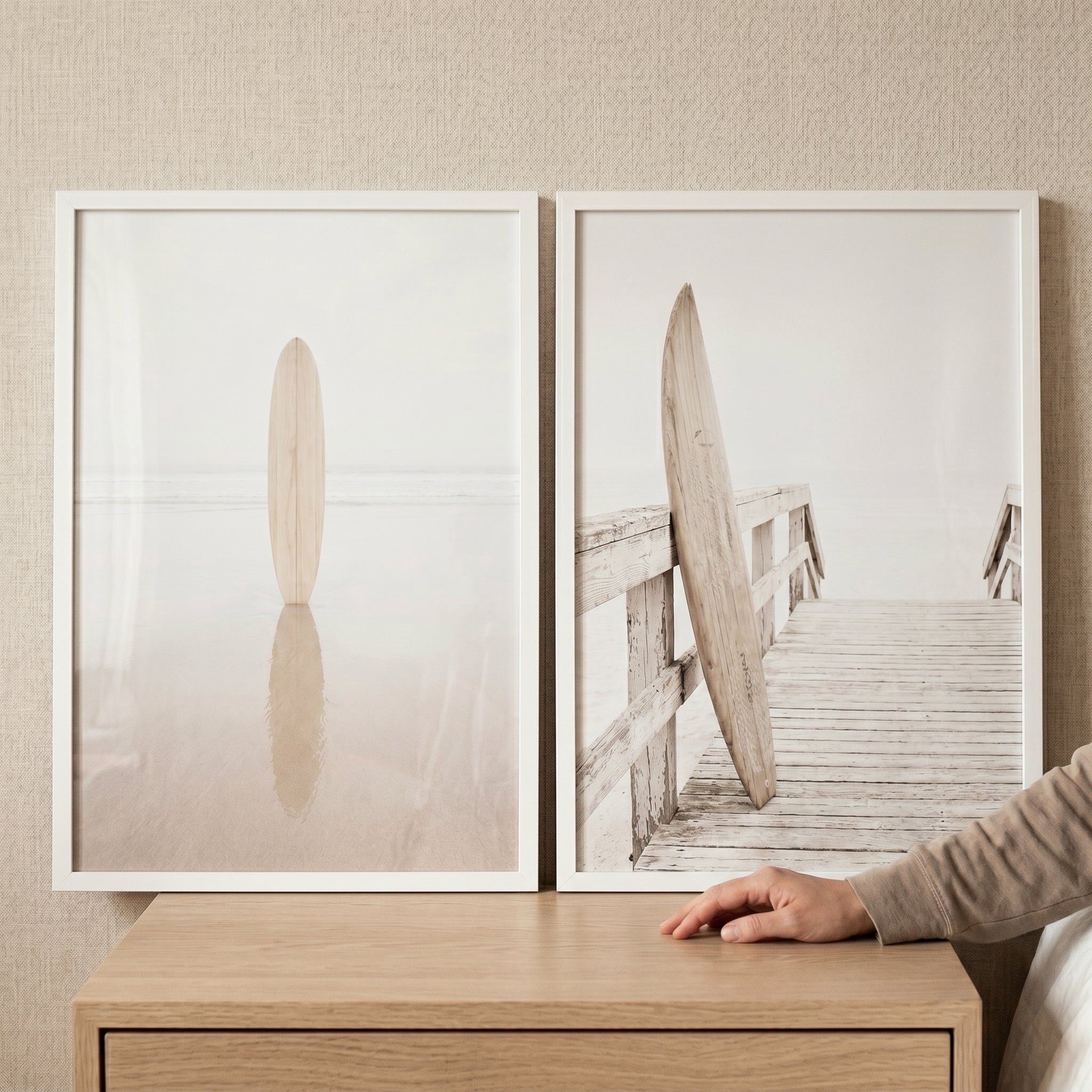 Understated Wooden Surfboard Wall Art Set Of 2 - Serene Shoreline Surf