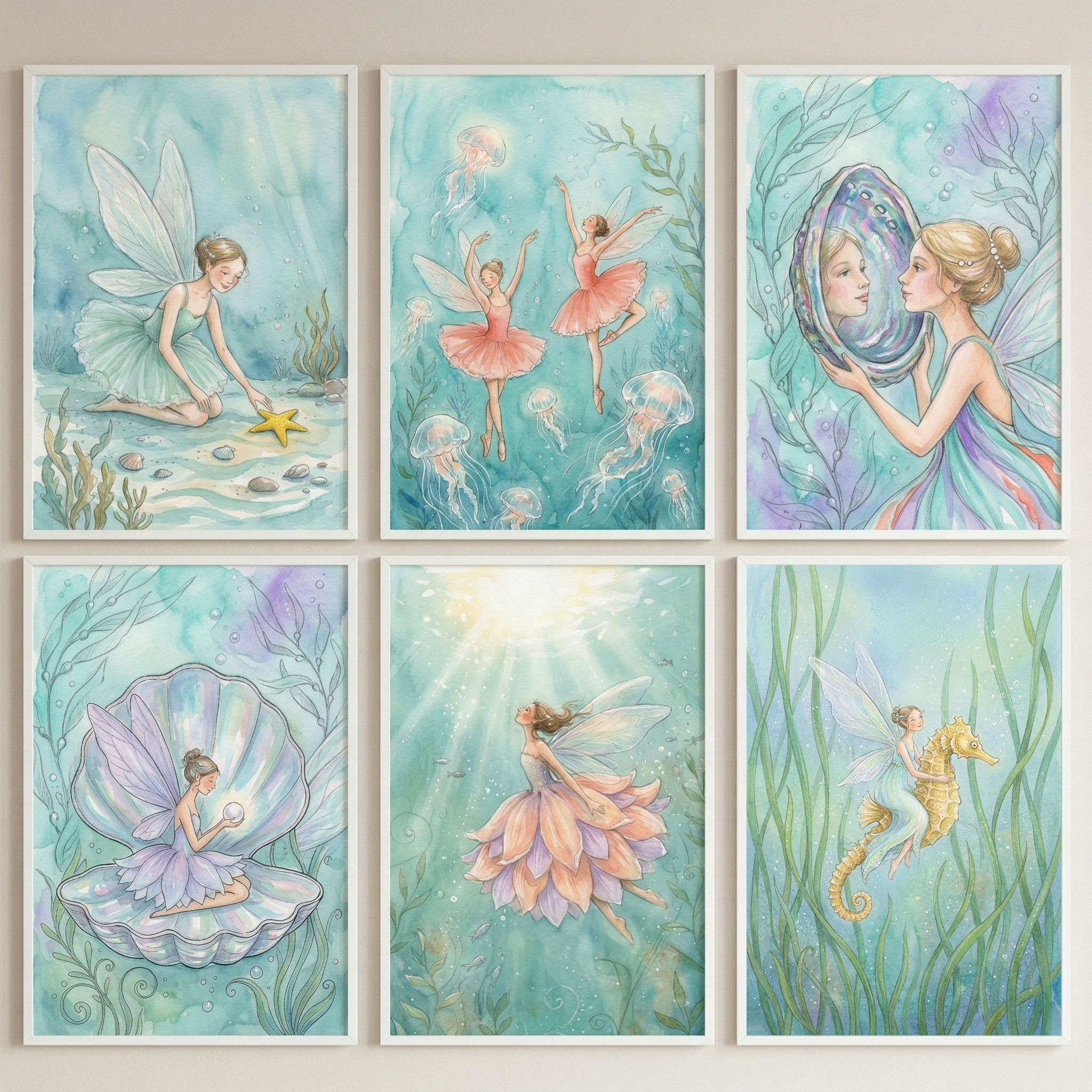 Underwater Fairies Wall Art Set of 6 - Whimsical Ocean Fairies