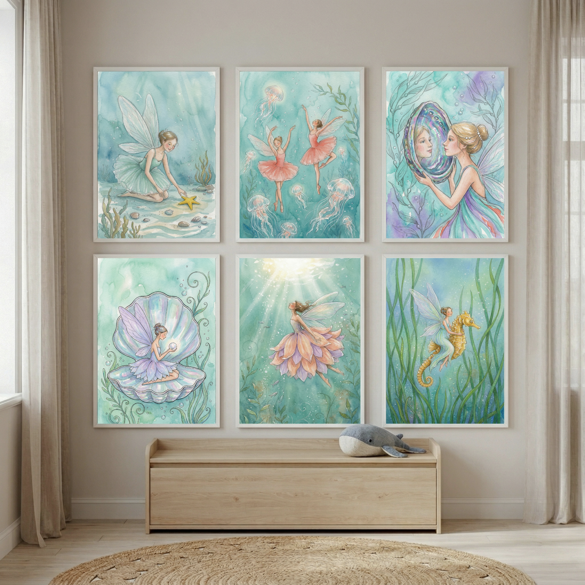 Underwater Fairies Wall Art Set of 6 - Whimsical Ocean Fairies