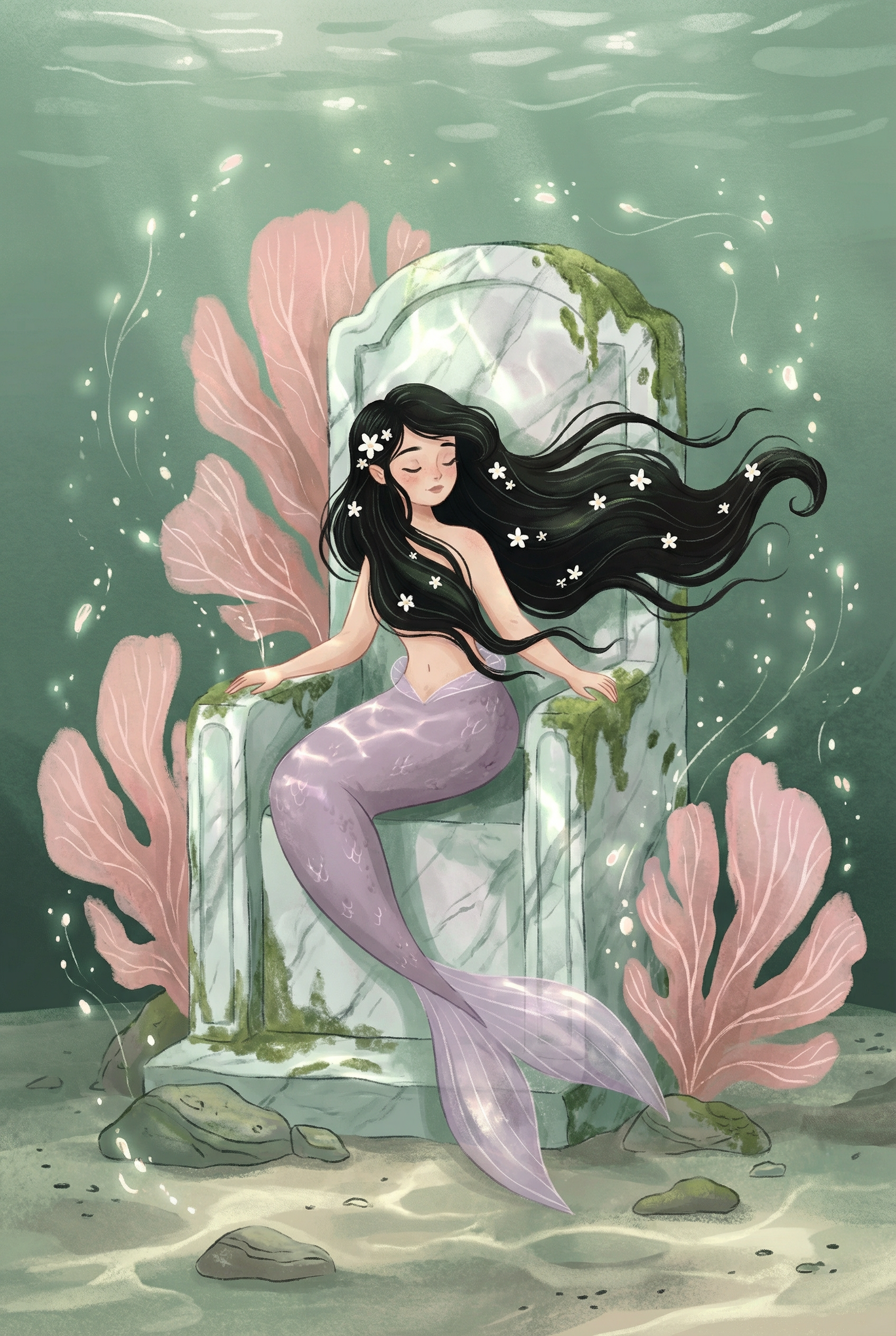 Underwater Stone Throne Mermaid Wall Art - Enchanted Ocean Queen