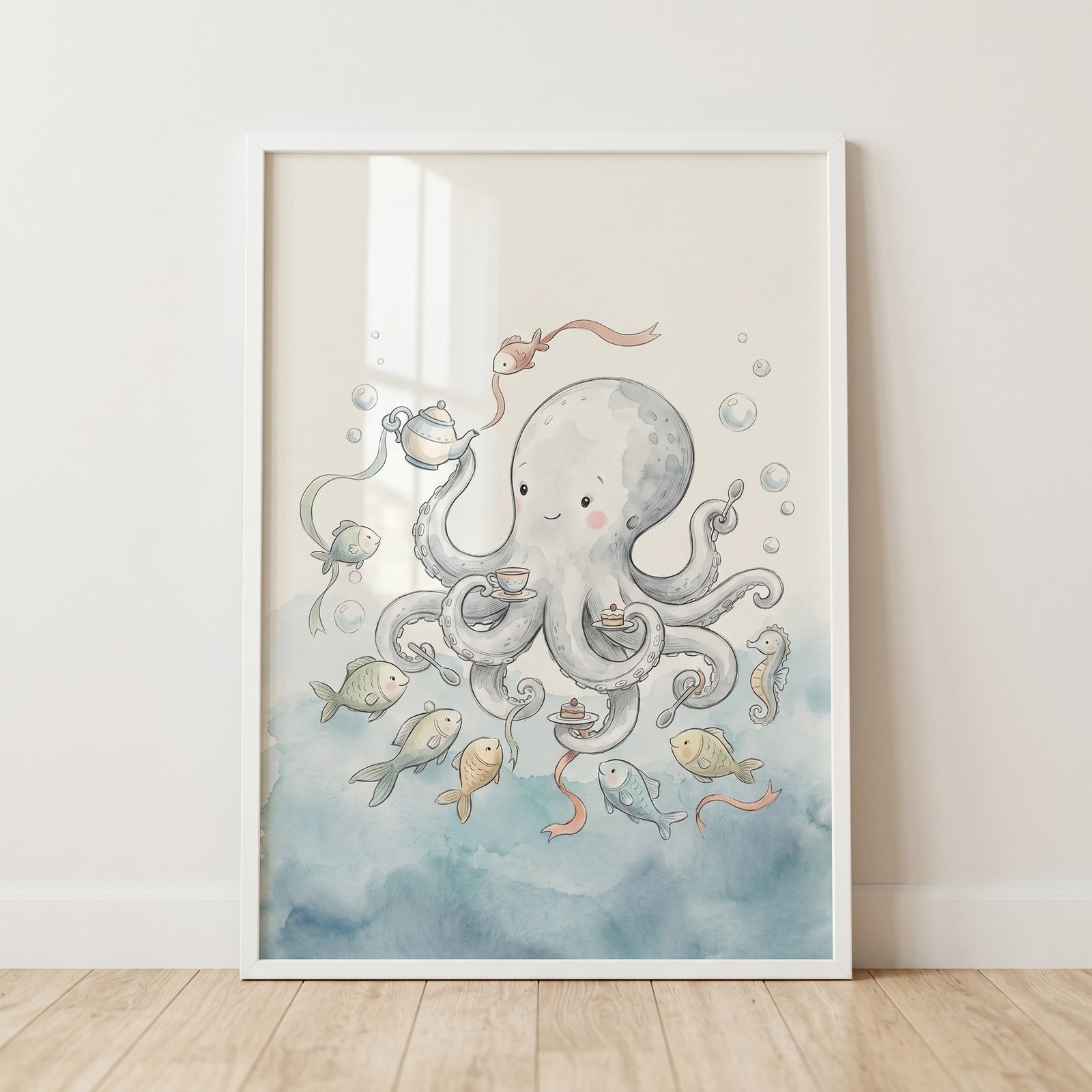 Watercolor underwater tea party octopus wall art features a cute octopus holding a teapot and cakes for small fish.