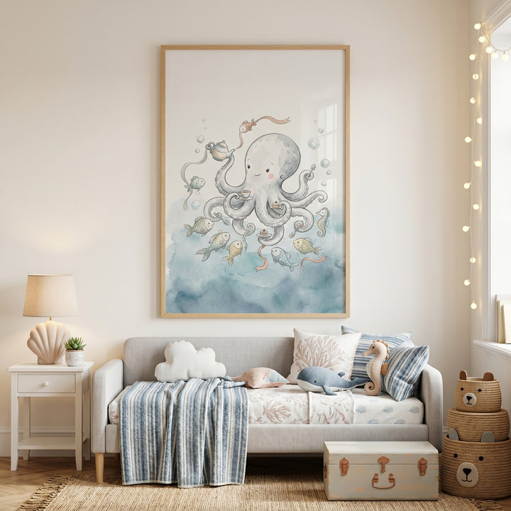 underwater tea party octopus wall art above a nursery daybed with ocean-themed pillows and bear storage baskets.