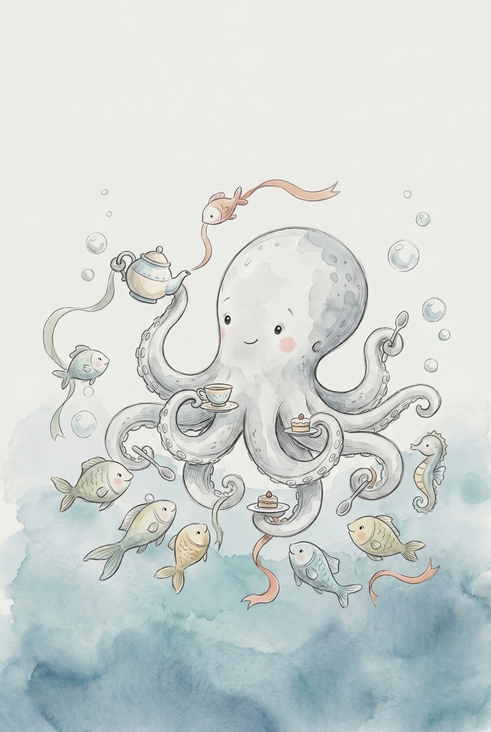 Underwater Tea Party Octopus Wall Art - Octopus Tea Party