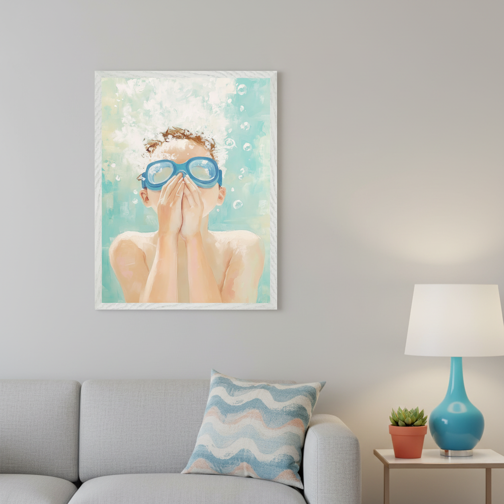 Living room with a grey sofa. A framed painting of a child in blue goggles with hands over mouth, surrounded by bubbles, hangs on the wall above the sofa, left of a side table with a blue lamp.
