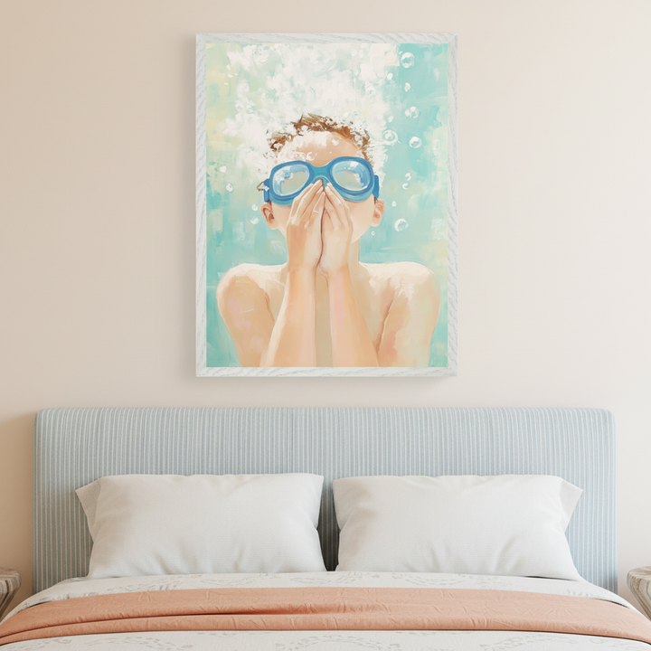 Modern bedroom with a bed featuring a light blue striped headboard. A framed painterly artwork of a child in blue swimming goggles, hands over mouth, surrounded by bubbles, hangs above the bed.