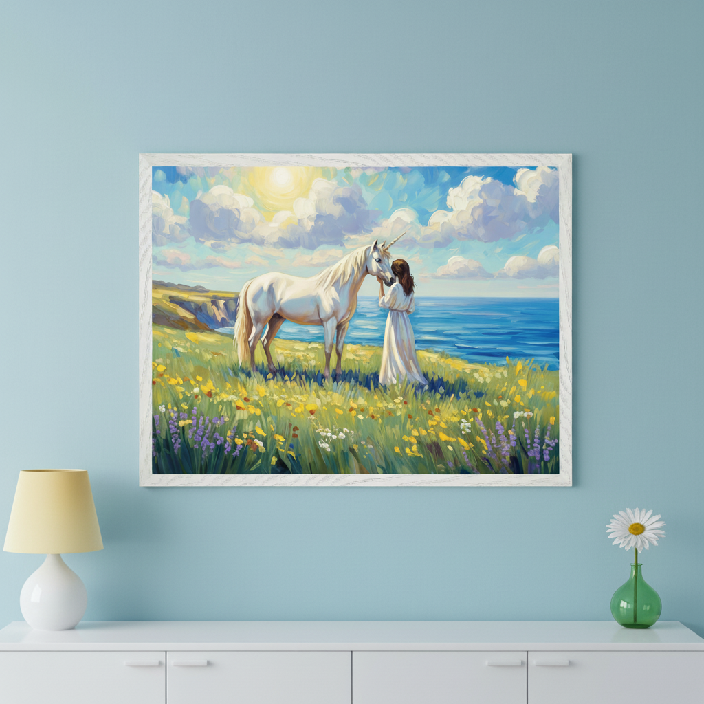 A large white-framed artwork of a woman and a white unicorn in a sunny, wildflower-filled field by the ocean hangs centered above the dresser in a modern room with a white dresser against a light blue wall. A yellow lamp and a daisy in a vase are on the dresser.