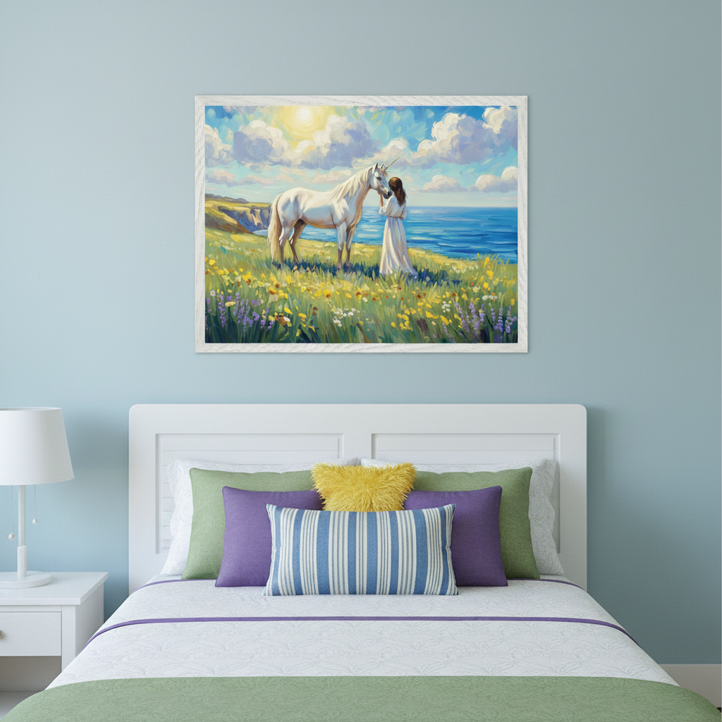 Bright bedroom with a white bed, headboard, nightstand, and lamp. A framed illustrative art of a white unicorn and a woman in a sunlit wildflower field by the ocean hangs centered above the bed.