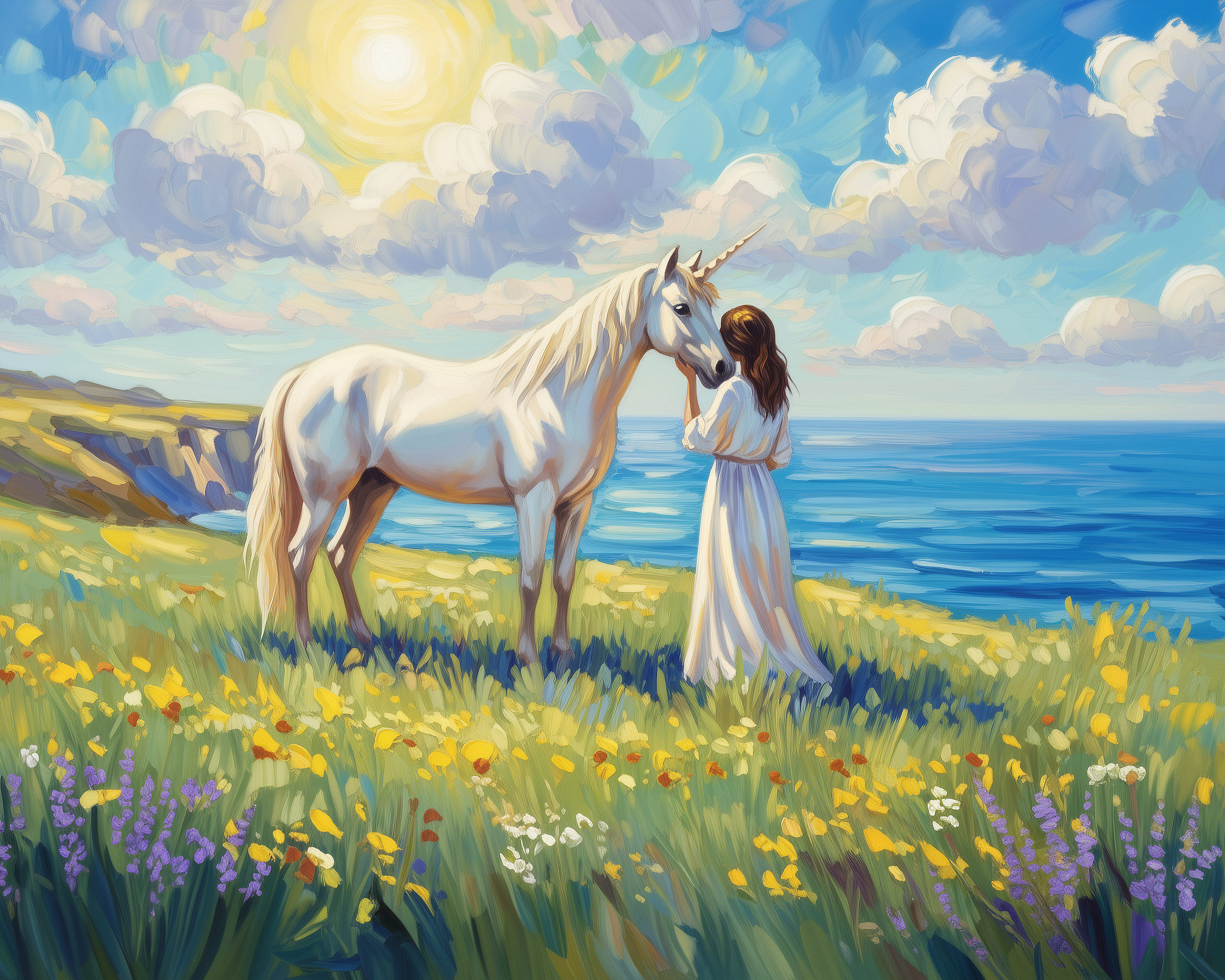 A woman in a flowing white dress gently touches a unicorn's face on a vibrant, flower-filled meadow by the sea, under a bright, sunny sky with fluffy clouds.