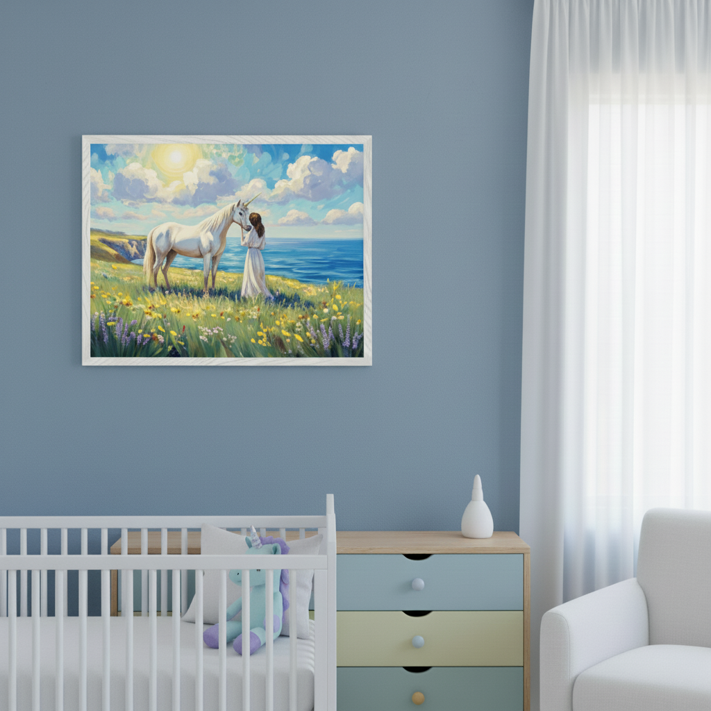 Modern nursery with a blue wall. A large framed painting of a woman and a white unicorn in a flower field by the ocean hangs above a white crib. A multi-colored dresser and a white armchair are to the right. The artwork has a vibrant, painterly style.