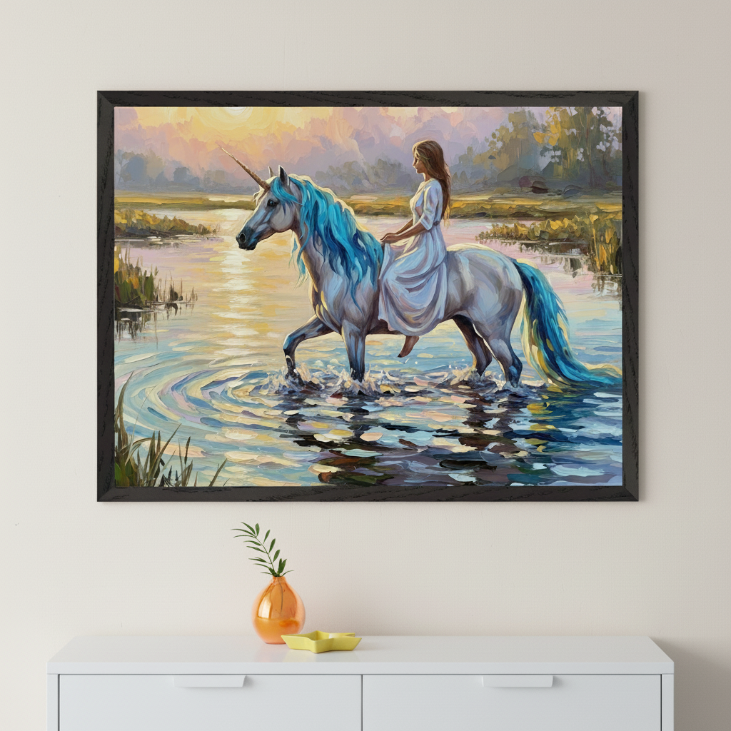 A large framed artwotk hangs above it, depicting a woman riding a white unicorn with a blue mane and tail through water at sunset. An orange vase with a plant and a yellow star dish are on the dresser.