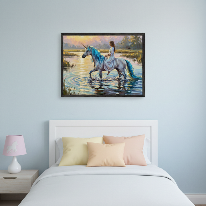 Light blue bedroom with a white bed, headboard, and light wood nightstand with a pink unicorn lamp. A framed impressionistic painting of a woman riding a blue-maned unicorn through water at sunset hangs centered above the bed.