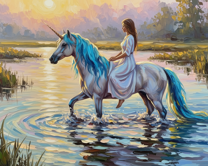 A woman in a flowing white dress rides a majestic unicorn with a shimmering blue mane through a serene, reflective lake at sunset, surrounded by lush greenery and soft, colorful skies.