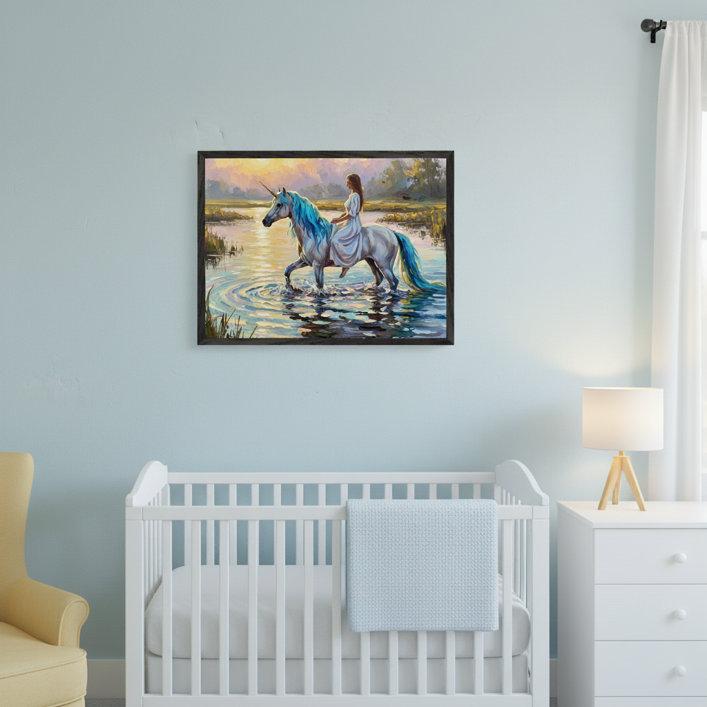 Bright nursery with a white crib, white dresser, and yellow armchair. A framed painting hangs on the light blue wall, above the crib. It shows a woman in a white dress riding a unicorn with a blue mane and tail through water, painted style.