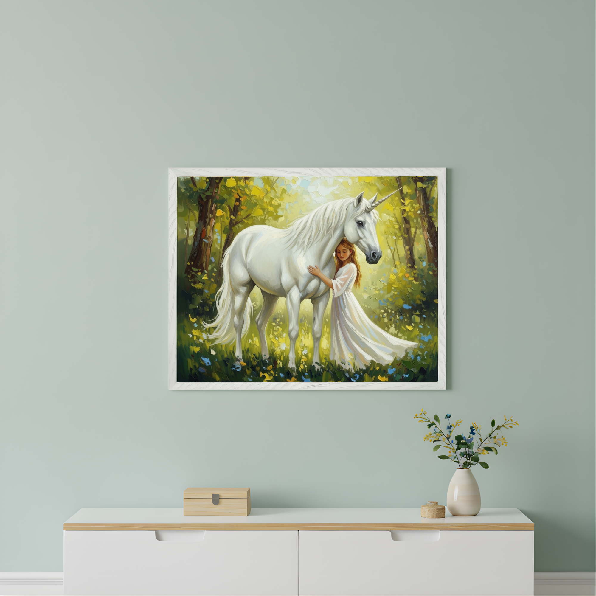 Modern room with a light green wall and a white and light wood console table. A framed artwork of a young woman hugging a white unicorn in a sunlit forest hangs centered above the table.