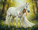 A serene painting depicts a young girl in a flowing white dress gently embracing a majestic white unicorn in a sunlit forest. The scene is bathed in soft, golden light filtering through the trees, with vibrant blue and yellow flowers scattered on the forest floor.