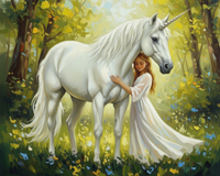 A serene painting depicts a young girl in a flowing white dress gently embracing a majestic white unicorn in a sunlit forest. The scene is bathed in soft, golden light filtering through the trees, with vibrant blue and yellow flowers scattered on the forest floor.