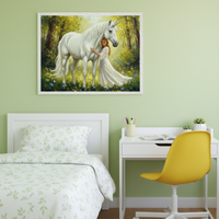 Enchanted forest painting of a girl in a flowing white dress hugging a large white unicorn under dappled sunlight, with yellow flowers and lush greenery around them. The artwork hangs above a bed with leafy bedding next to a white desk and a bright yellow chair.