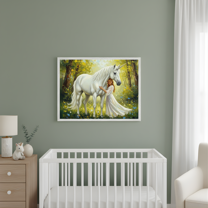 Modern nursery with a white crib and wood dresser. A large framed fantasy artwork of a girl hugging a white unicorn in a sunlit forest hangs centered above the crib on a sage green wall.