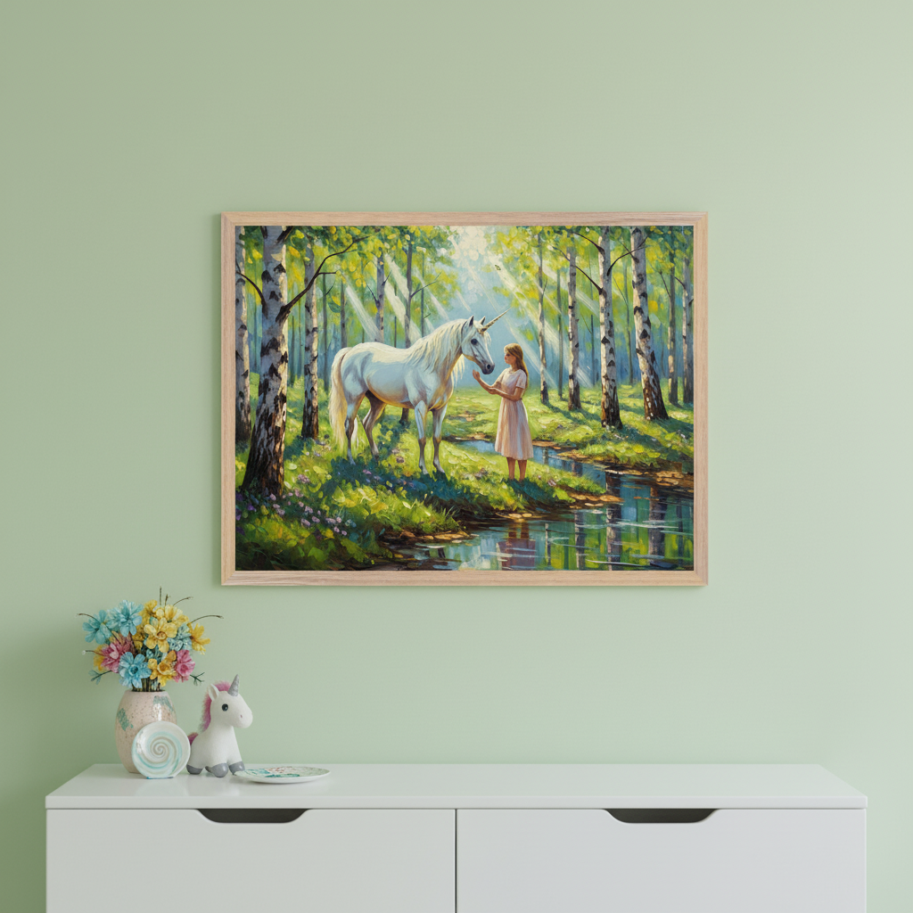 Kid's bedroom featuring a white dresser. Above it, a framed illusttration shows a girl petting a white unicorn in a sunlit birch forest by a stream. A unicorn figure and vase of flowers sit on the dresser.