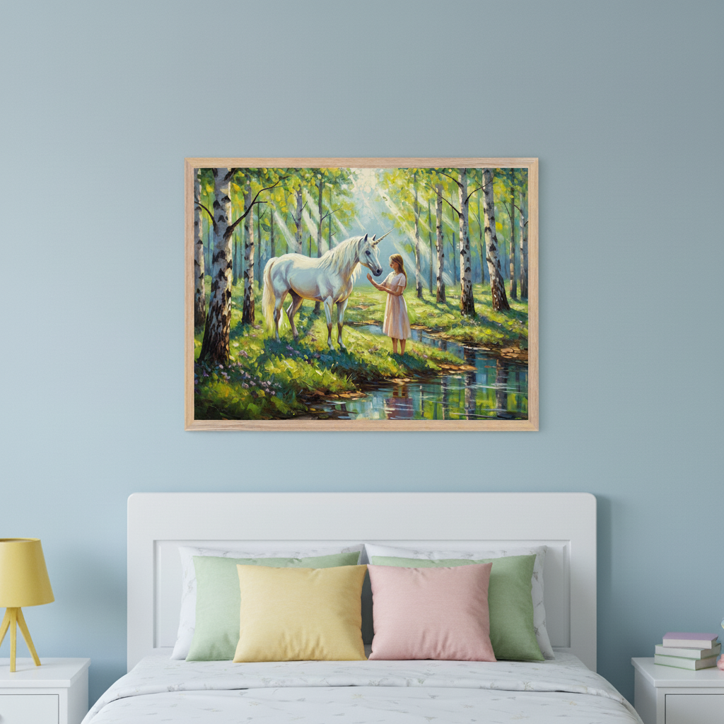 Whimsical kid's bedroom with a white bed and headboard, flanked by white nightstands. A framed fantasy artwork of a girl with a white unicorn in a sunlit birch forest by a stream hangs centered above the bed.