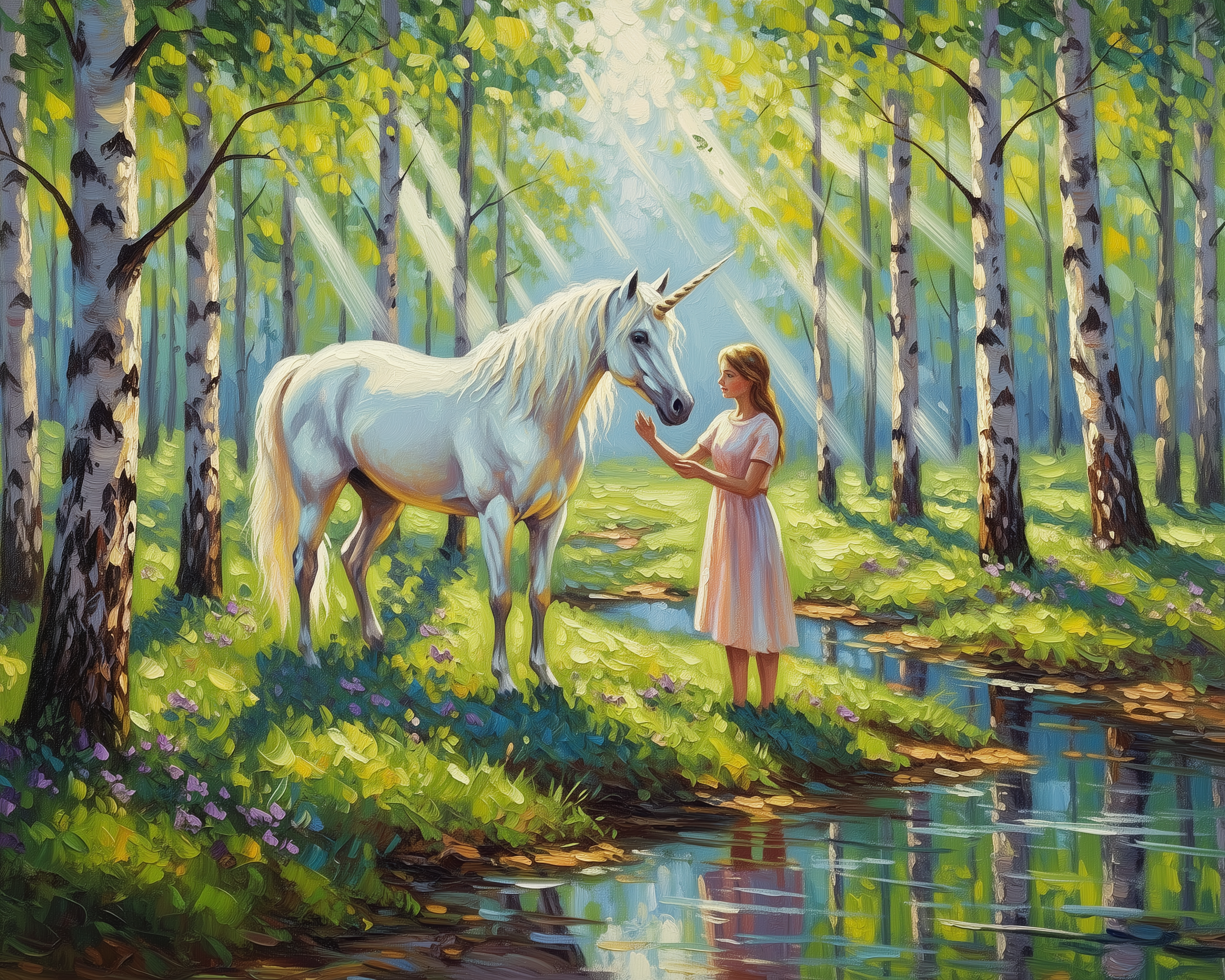 A young girl in a pink dress gently touches a unicorn in a sunlit forest, surrounded by birch trees and a small stream. Sunbeams filter through the leaves, casting a serene glow on the scene.
