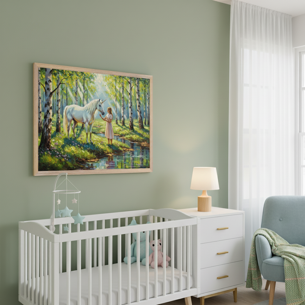 Modern nursery with a green wall. A framed art of a white unicorn and a girl in a sunlit birch forest hangs above a white crib. To the right of the crib is a white dresser with a lamp and a light blue armchair.