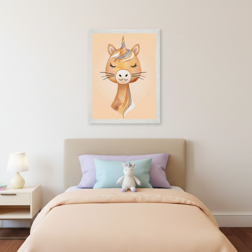 Kid's bedroom with a bed and a nightstand. A white-framed watercolor illustration of a sleeping unicorn-like animal with a rainbow mane hangs above the bed. The bed has peach bedding and a unicorn plush.