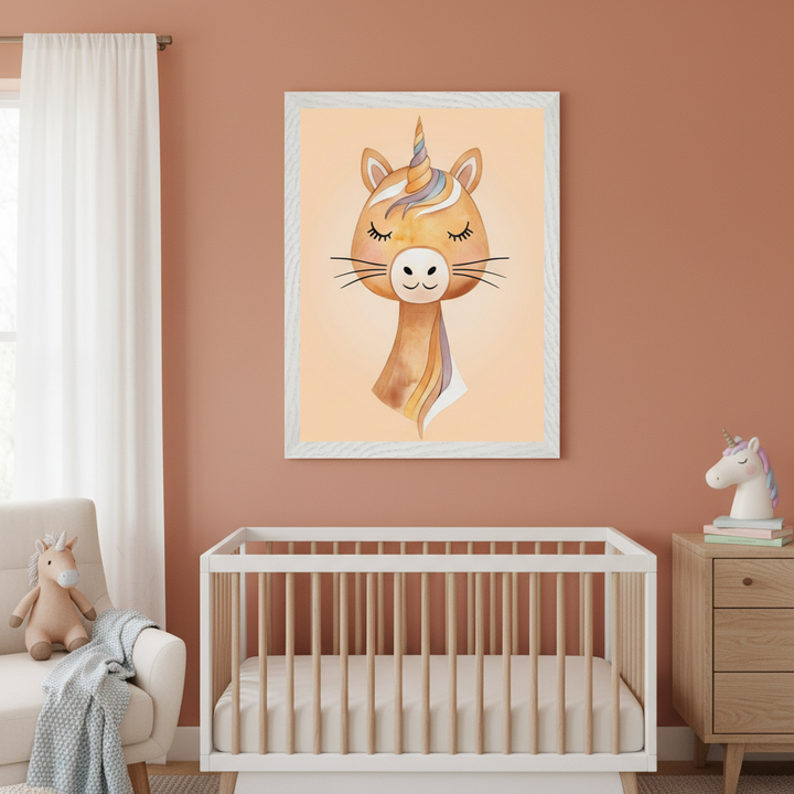 Modern nursery with a white crib, armchair, and dresser. A white-framed watercolor print of a sleeping unicorn llama with a colorful horn hangs on a terracotta wall above the crib.
