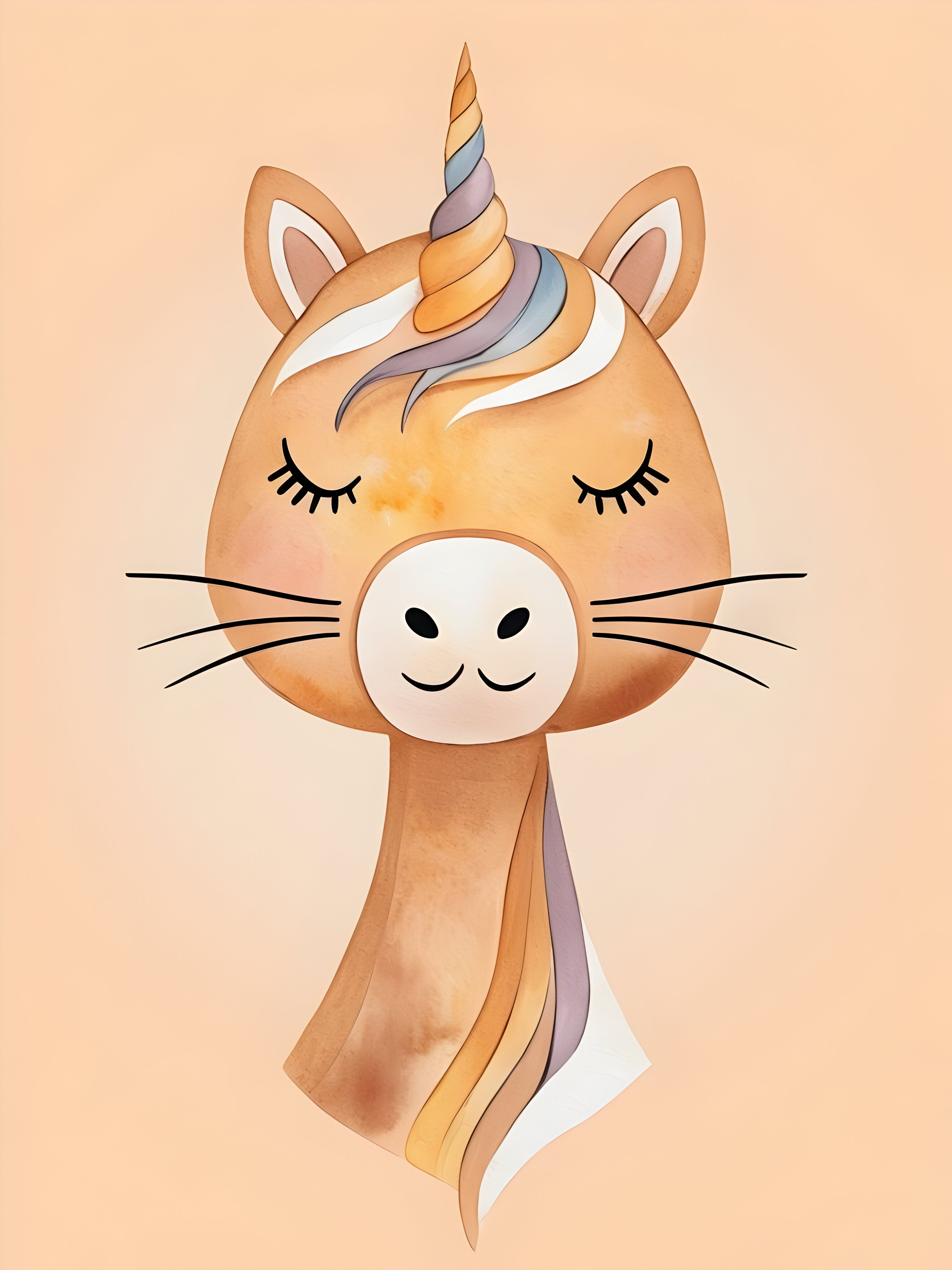 A whimsical illustration of a unicorn with closed eyes and a serene expression. The unicorn has a multicolored horn in shades of orange and purple, and its mane is a blend of orange, purple, and white. It stands against a soft peach background, adding to the dreamy feel.