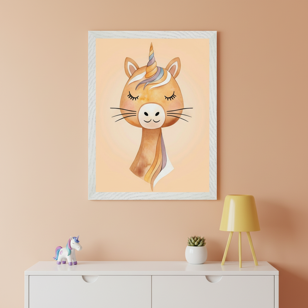Modern kid's room with a peach wall. A white framed watercolor print of a stylized animal head with a unicorn horn, closed eyes, and whiskers hangs above a white dresser. A unicorn toy, succulent, and yellow lamp are on the dresser.