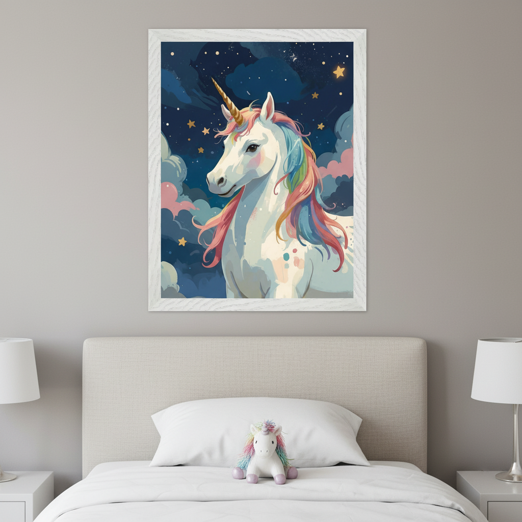 Modern nursery with a white crib and wooden dresser. A large framed painting of a white unicorn with a rainbow mane and golden horn, set against a dark blue sky with stars and pink clouds, hangs centered above the crib. A pink armchair is visible on the right.