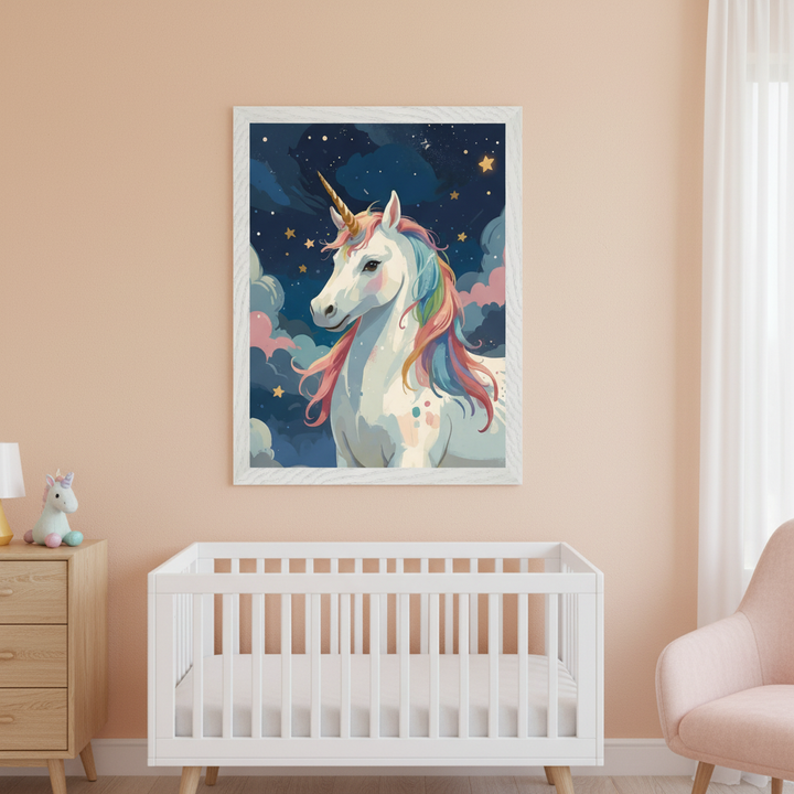 Kid's bedroom with a beige bed and white bedding. A large framed print of a white unicorn with a rainbow mane and golden horn against a dark blue starry sky and clouds hangs centered above the bed. A unicorn plush sits on the bed.