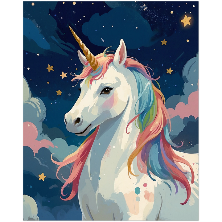 A majestic unicorn with a golden horn and a colorful mane stands against a starry night sky, surrounded by fluffy clouds and twinkling stars.