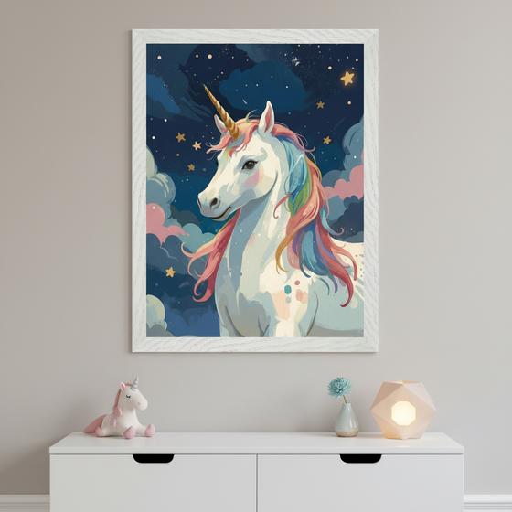 Kid's bedroom with a beige bed and white bedding. A large framed print of a white unicorn with a rainbow mane and golden horn against a dark blue starry sky and clouds hangs centered above the bed. A unicorn plush sits on the bed.