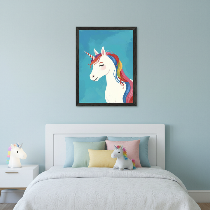 Nursery with a terracotta wall and white crib. A framed illustration of a white unicorn with a rainbow mane and horn on a blue background hangs above the crib. A light wood nightstand and blue lamp are on the right.