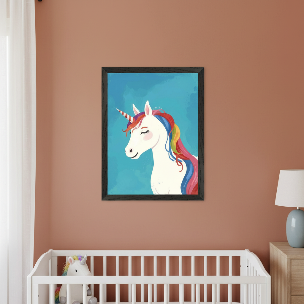 Modern nursery with a white dresser against a light blue wall. A black-framed whimsical illustration of a white unicorn with a rainbow mane and striped horn, on a blue background, hangs centered above the dresser. A unicorn figurine and pink vases with flowers are on the dresser.
