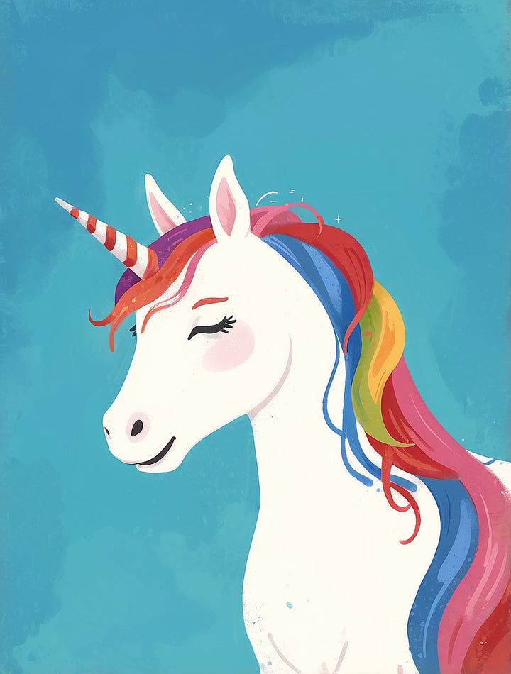 A whimsical illustration of a unicorn with a striped horn and a rainbow-colored mane against a bright blue background. The unicorn has a serene expression with closed eyes and a slight smile.