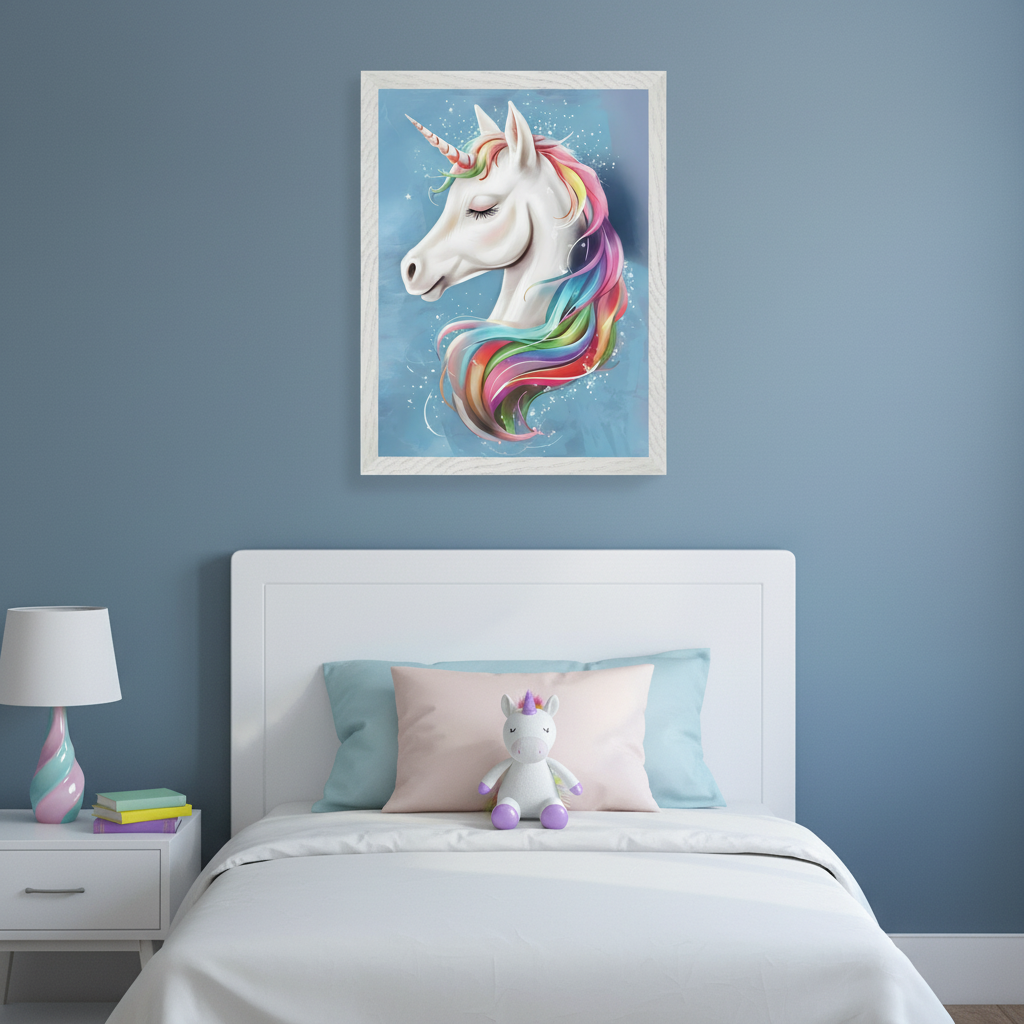 Kid's bedroom with blue walls and a white bed. A framed illustration of a white unicorn with a colorful rainbow mane and closed eyes hangs centered above the bed. A white nightstand with a lamp is to the left, and a unicorn plush toy sits on the bed.