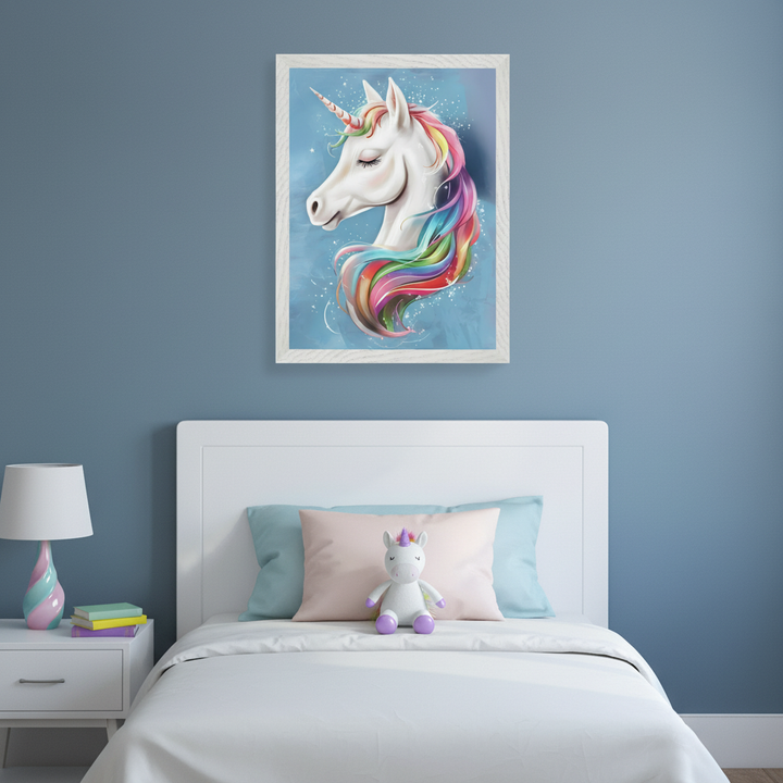 Kid's bedroom with blue walls and a white bed. A framed illustration of a white unicorn with a colorful rainbow mane and closed eyes hangs centered above the bed. A white nightstand with a lamp is to the left, and a unicorn plush toy sits on the bed.