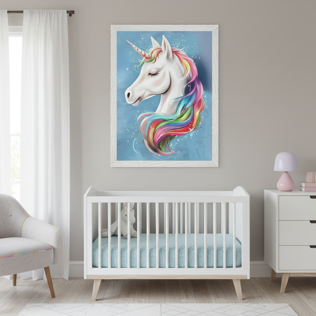 Kid's bedroom with a white dresser. A large framed illustration of a white unicorn head with a rainbow mane and closed eyes, on a blue background, hangs centered above the dresser. A small unicorn figurine, a vase with a flower, and a spherical lamp are on the dresser.